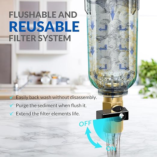 SimPure DC5S 40 Micron Spin Down Sediment Filter, Reusable Whole House Sediment Water Filter Softener with Siliphos Helps Prevent Scale and Corrosion, 1" MNPT + 3/4" FNPT + 3/4"MNPT, BPA Free