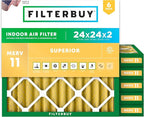Filterbuy 24x24x2 Air Filter MERV 11 Superior Pet & Allergy Defense (6-Pack), Electrostatic Pleated HVAC AC Furnace Filters Replacement, Made in USA (Actual Size: 23.38 x 23.38 x 1.75)