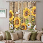 Farmhouse Sunflowers Living Room Curtains 84 Inch Length, Window Curtains Tab Top, Rustic Floral Buttterfly Wood Board Brown Light Filtering Window Treatments Drapes 52"x84" 2 Panel