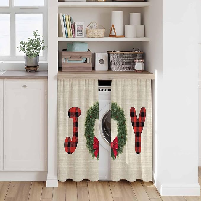 Red Green Christmas Kitchen Curtains 45 Inch Long 2 Panel Set, Rod Pocket Window Treatment, Farmhouse Xmas Botanical Winter Light Filtering Panels Short Drapes for Bathroom Camper 42"W x 45"L