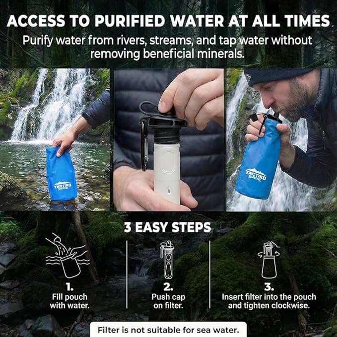 Tactiko Survival 20oz/600ml Purifying Water Bottle Filter Kit - Filter 265 Gal. Water from Rivers, Lakes & Streams - SGS Certified - UF Membrane, Activated Carbon - Camping, Hiking, Emergency (Blue)