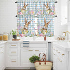 Kitchen Curtains Tiers and Valance Set of 3, Easter Light Filtering Window Curtain Set, Spring Rabbit Eggs Seasonal Flowers Blue Lattice Rod Pocket Curtain Drapes for Living Room, 36 Inches Tiers
