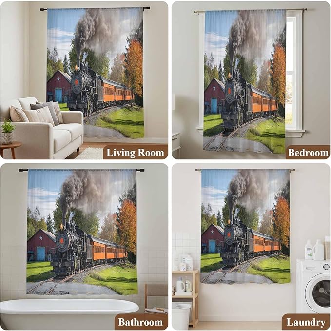 Steam Train Sheer Curtains 45 Inch Length Railroad Country Barn Rustic Trees Farmhouse Chiffon Curtain for Bedroom Living Room Light Filtering Window Treatments Voile Curtains Drapes for Kitchen