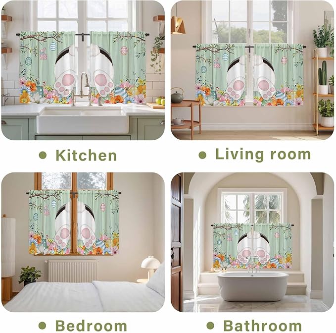 Easter Kitchen Curtains 54 Inch Long 2 Panel Set, Rod Pocket Window Curtains Panels, Spring Watercolor Bunny Eggs Wooden Grain Green Light Filtering Drapery Draperies for Bathroom Bedroom 52"W x 54"L