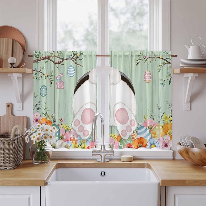 Easter Kitchen Curtains 45 Inch Long 2 Panel Set, Rod Pocket Window Treatment, Spring Watercolor Bunny Eggs Wooden Grain Green Light Filtering Panels Short Drapes for Bathroom Camper 42"W x 45"L