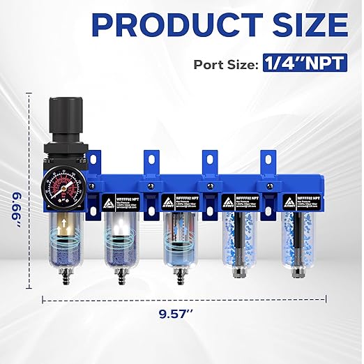 1/4'' NPT 5 Stage Air Drying System,Air Compressor Dryer System,5 &0.5 &0.01 Micron Filter Cartridge,Double Desiccant Dryers & Air Regulator,Metal Bowl, Semi-Auto Drain,Industrial Grade-Blue