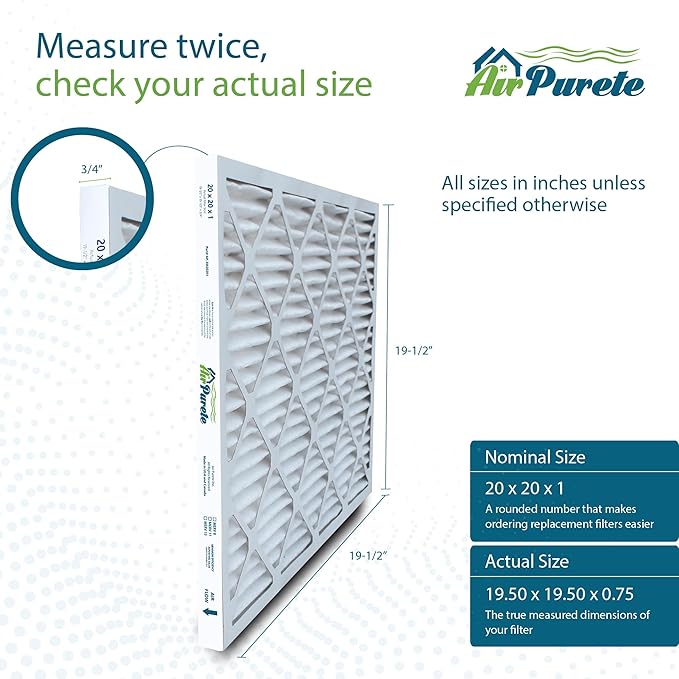 20x20x1 Air Filters | AirPurete AP-3M20201 HVAC AC Furnace Air Filters | Actual Size: 19.50" x 19.50" x 0.75" | MERV 8, MPR 600 (Pack of 12)