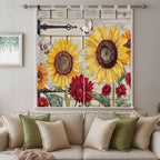 Red Yellow Sunflowers Bathroom Curtains 63 Inch Length, Window Curtains Tab Top, Retro Rustic Barn Doors Butterfly Brown Light Filtering Window Treatments Drapes 52"x63" 2 Panel