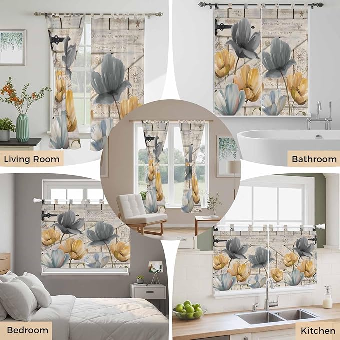 Spring Tulips Flower Living Room Curtains 84 Inch Length, Window Curtains Tab Top, Vintage Floral Barn Doors Rustic Beige Light Filtering Window Treatments Drapes 42"x84" 2 Panel