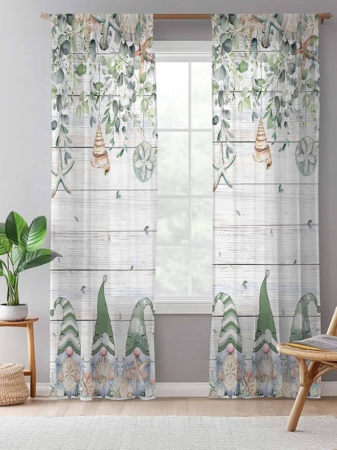 Sheer Curtains 108 Inches Long, Coastal Eucalyptus Leaf Semi Sheer Curtains Light Filtering Window Treatment, Sage Green Gnomes Starfish Privacy Voile Drapes for Living Room Bedroom 52x108 Inch