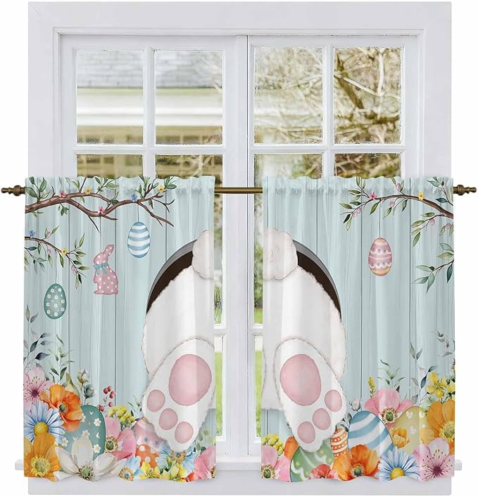 Easter Bunny Kitchen Curtains 45 Inch Long 2 Panel Set,Rod Pocket Window Treatment,Easter Eggs Spring Farmhouse Wood Grain Teal Blue Light Filtering Short Curtains & Drapes Laundry 52"W x 45"L