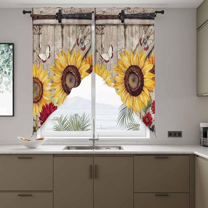 Sunflowers Swag Valances for Windows, Retro Flower Barn Doors Butterfly Farmhouse Brown Rod Pocket Kitchen Curtains Valance, Small Window Curtains Swag for Cafe Living Room, 2 Panels, 28x36 inch