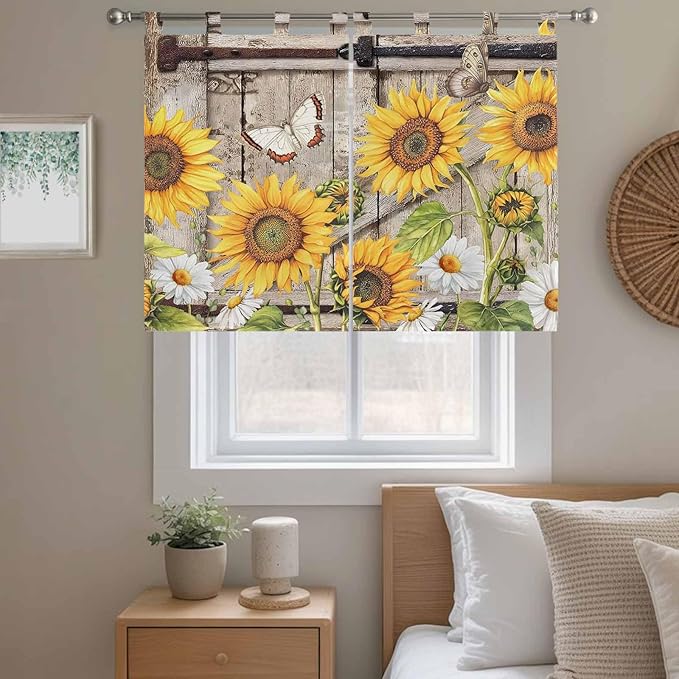 Farmhouse Sunflowers Kitchen Curtains 45 Inch Length, Short Cafe Window Curtains Tab Top, Rustic Barn Doors Flowers Butterfly Wooden Light Filtering Window Treatments Tier Drapes 27.5"x45" 2 Panel
