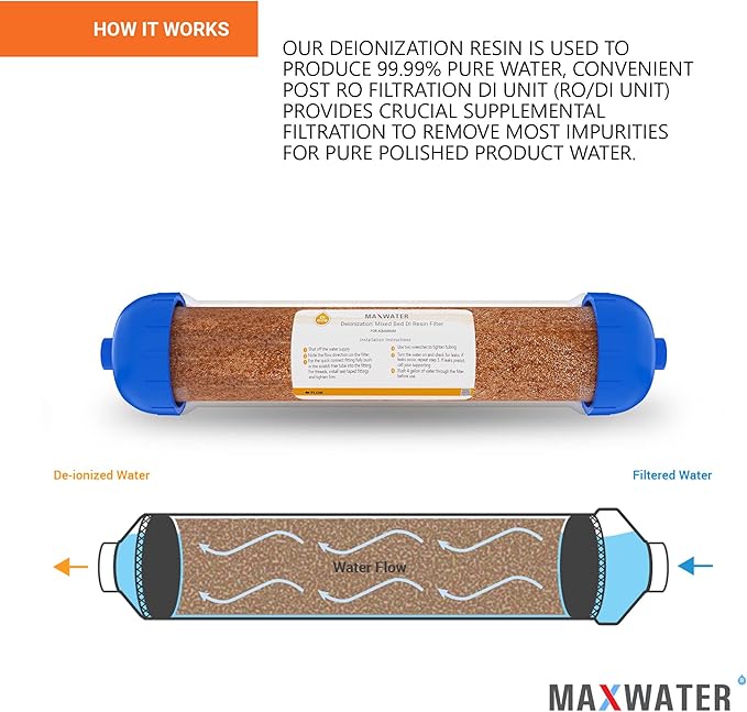 Max Water Mixed Bed Ion Exchange RODI Aquarium Filter Resin Replacement Cartridge, Compatible with 10" Reverse Osmosis Water Filtration System