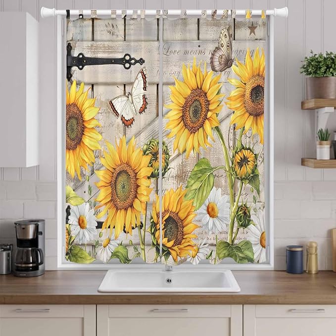 Farm Flowers Living Room Curtains 96 Inch Length, Window Curtains Tab Top, Retro Sunflowers Barn Doors Butterfly Wood Board Light Filtering Window Treatments Drapes 52"x96" 2 Panel