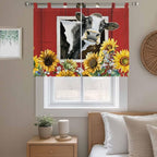 Cows Sunflowers Kitchen Curtains 45 Inch Length, Short Cafe Window Curtains Tab Top, Spring Botanical Floral Bees Red Barn Light Filtering Window Treatments Tier Drapes 27.5"x45" 2 Panel