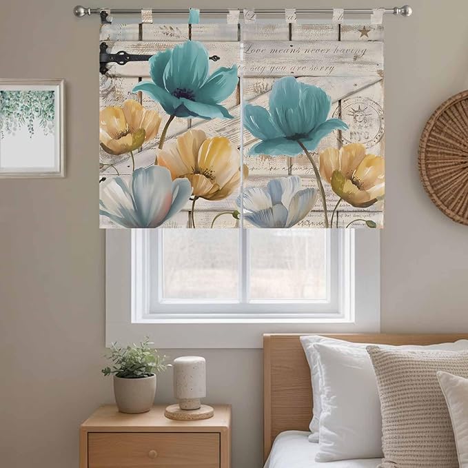 Watercolor Flowers Kitchen Curtains 45 Inch Length, Short Cafe Window Curtains Tab Top, Vintage Tulips Floral Barn Doors Wood Grain Light Filtering Window Treatments Tier Drapes 27.5"x45" 2 Panel