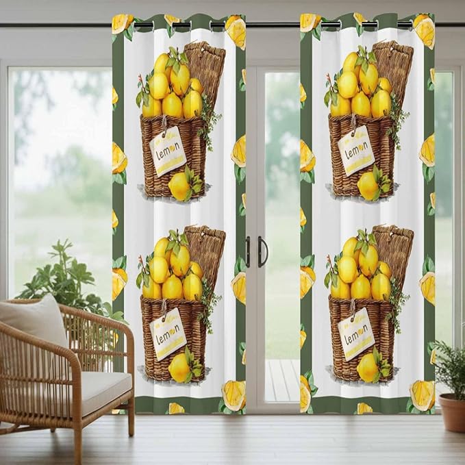 Lemon Outdoor Curtains for Patio Lemons in Baskets Summer Tropical Plants Green Waterproof Outside Curtains with Grommet Top Weatherproof Curtain for Cabana Pergola Gazebo, 1 Panel, 54" W x 108" L