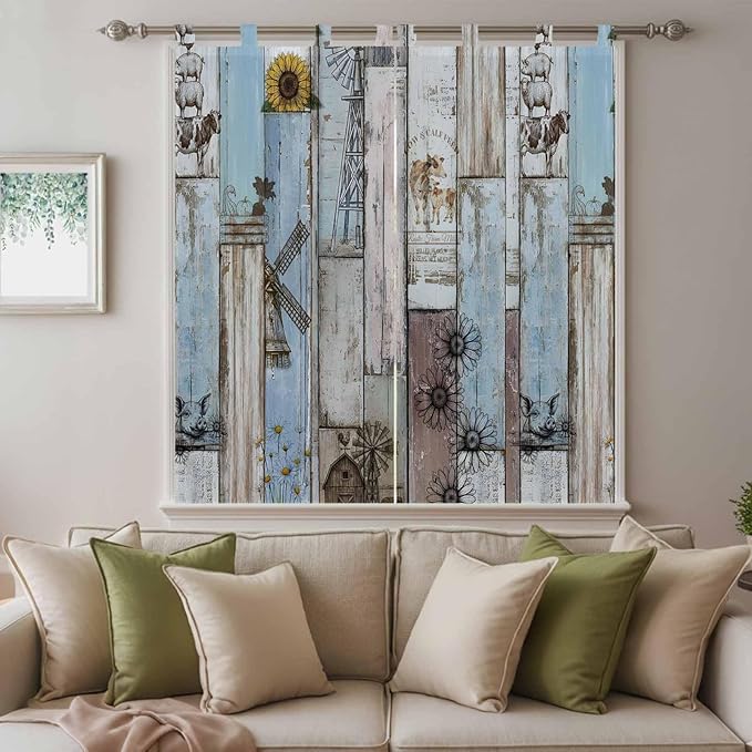 Blue Grey Wooden Bedroom Curtains 72 Inch Length, Window Curtains Tab Top, Farmhouse Barn Sunflowers Retro Light Filtering Window Treatments Drapes 52"x72" 2 Panel