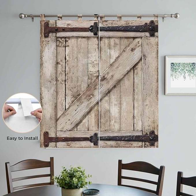 Farmhouse Wood Grain Bathroom Curtains 63 Inch Length, Window Curtains Tab Top, Vintage Country Barn Gate Brown Light Filtering Window Treatments Drapes 52"x63" 2 Panel