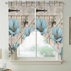 Teal Blue Tulips Swag Valances for Windows, Spring Floral Barn Doors Vintage Wood Beige Rod Pocket Kitchen Curtains Valance, Kitchen Window Curtains Swag for Cafe Living Room, 2 Panels, 36x63 inch