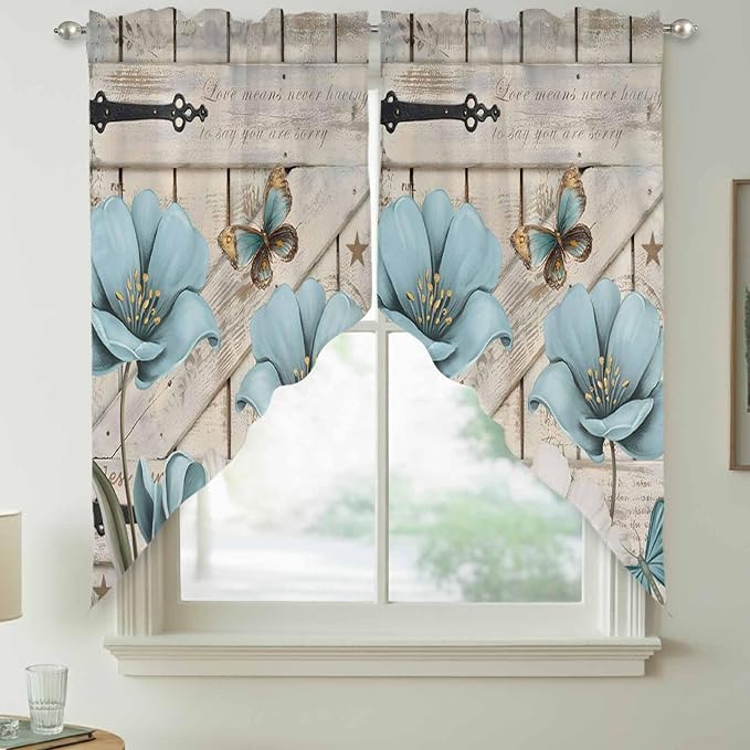 Teal Blue Tulips Swag Valances for Windows, Spring Floral Barn Doors Vintage Wood Beige Rod Pocket Kitchen Curtains Valance, Small Window Curtains Swag for Cafe Living Room, 2 Panels, 28x36 inch