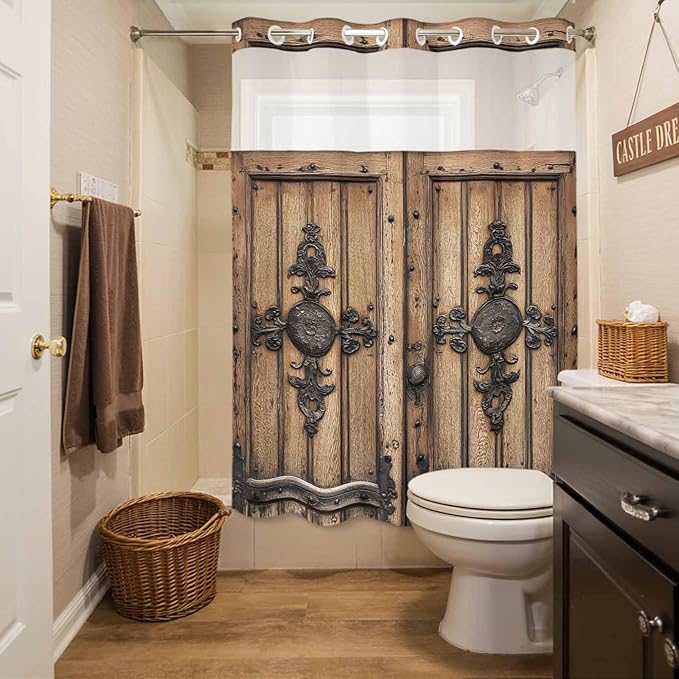 Wood Barn Door No Hook Shower Curtain with Snap in Liner Set, Waterproof Shower Curtains for Bathroom, Wooden Plank Fabric Shower Curtain, See Through Mesh Top Window, 48" W x 72" L