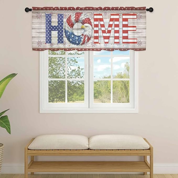 4th of July Sheer Valances for Windows 42"x18", Light Filtering Kitchen Curtains Valance, Stars Striped Farmhouse American Flag Wood Grain Rod Pocket Chiffon Curtains for Living Room Bedroom Cafe