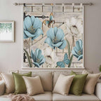 Teal Blue Tulips Bedroom Curtains 72 Inch Length, Window Curtains Tab Top, Spring Floral Barn Doors Vintage Wood Beige Light Filtering Window Treatments Drapes 52"x72" 2 Panel