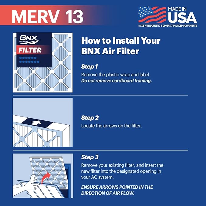 BNX TruFilter 16x24x1 Air Filter MERV 13 (6-Pack) - MADE IN USA - Electrostatic Pleated Air Conditioner HVAC AC Furnace Filters for Allergies, Pollen, Mold, Bacteria, Smoke, Allergen, MPR 1900 FPR 10