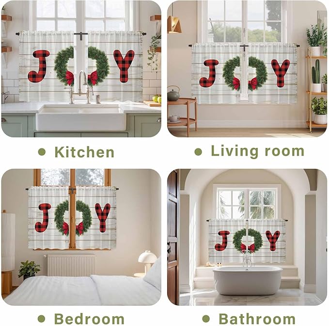Christmas Wreaths Kitchen Curtains 45 Inch Long 2 Panel Set,Rod Pocket Window Treatment,Winter Bow Plaid Farmhouse Wooden Grain Light Filtering Short Curtains & Drapes for Bathroom Laundry 52"W x 45"L