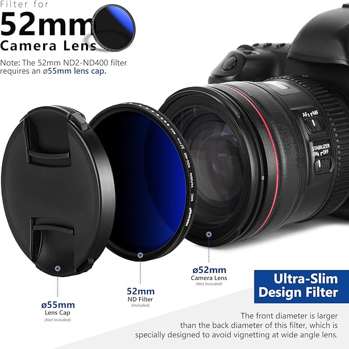 NEEWER 52mm Variable ND Filter ND2-ND400 (1-9 Stops), Neutral Density Filter, Multiple Coatings, Water and Scratch Resistant
