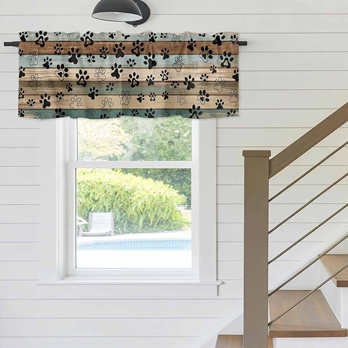 Dog Paws Valances for Windows, Teal Brown Wood Grain Kitchen Valance Light Filtering Rod Pocket Short Curtains for Kitchen Bathroom, 1 Panel, 42"x18"