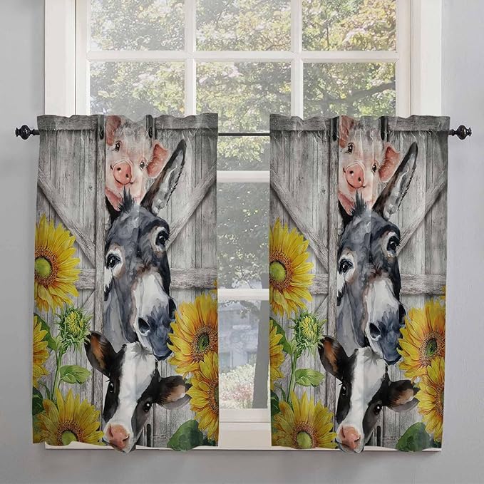 Farmhouse Kitchen Curtains 54 Inches length, Vintage Sunflowers Animals Printed Wood Grain Window Treatment Curtain Drapes, Thermal Insulated Drapes for Basement Hotel RV, 42"x54", 2 Panels