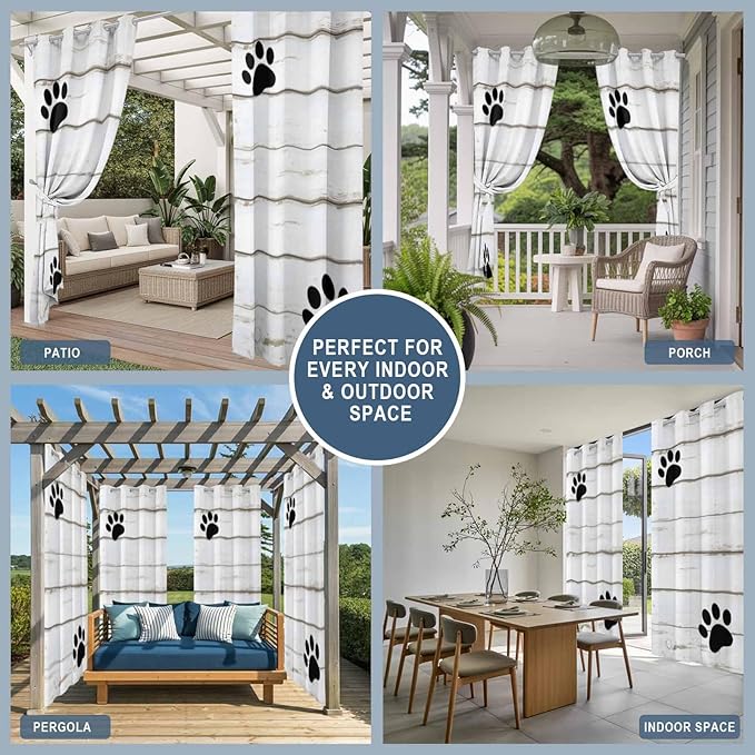 Wood Grain Outdoor Curtains for Patio Claws Animals Wooden White Waterproof Outside Curtains with Grommet Top Weatherproof Curtain for Cabana Pergola Gazebo, 1 Panel, 54" W x 108" L
