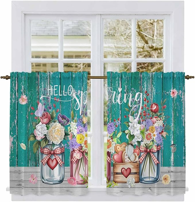 Spring Flowers Kitchen Curtains, Farmhouse Watercolor Teal Wood Grain Light Filtering Window Curtain Panels, 2Pcs Rod Pocket Window Treatments Set for RV Dining Room Study Room 42x45 Inches
