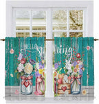 Spring Flowers Kitchen Curtains, Farmhouse Watercolor Teal Wood Grain Light Filtering Window Curtain Panels, 2Pcs Rod Pocket Window Treatments Set for Study Room Bathroom Bedroom 52x54 Inches