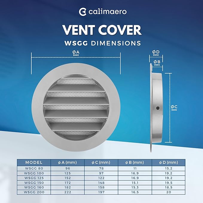 calimaero® WSGG 5" Inch Gray Round Metal Air Vent Grill Cover Flat Louver with Fly Screen Fits Only with Metal Ducts