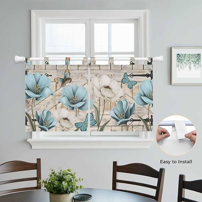 Teal Blue Tulips Kitchen Curtains 36 Inch Length, Small Window Curtains Tab Top, Spring Floral Barn Doors Vintage Wood Beige Light Filtering Short Window Treatments Tier Drapes 27.5"x36" 2 Panel