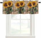 Kitchen Valances for Window, Watercolor Sunflower Retro Board Light Filtering Rod Pocket Valance Curtain, Farm Brown Wood Grain Short Curtains Window Topper for Bedroom Bathroom Living Room 42x12in