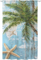 Sheer Curtains 96 Inches Long, Coastal Beach Blue Semi Sheer Curtains Light Filtering Window Treatment, Tropical Coconut Tree Vintage Wood Grain Privacy Voile Drapes for Living Room Bedroom 52x96 Inch