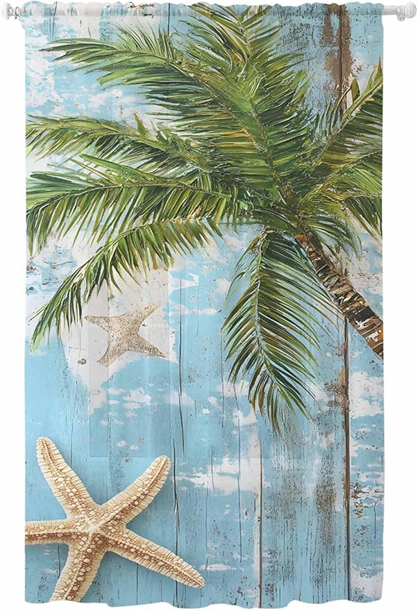 Sheer Curtains 96 Inches Long, Coastal Beach Blue Semi Sheer Curtains Light Filtering Window Treatment, Tropical Coconut Tree Vintage Wood Grain Privacy Voile Drapes for Living Room Bedroom 52x96 Inch
