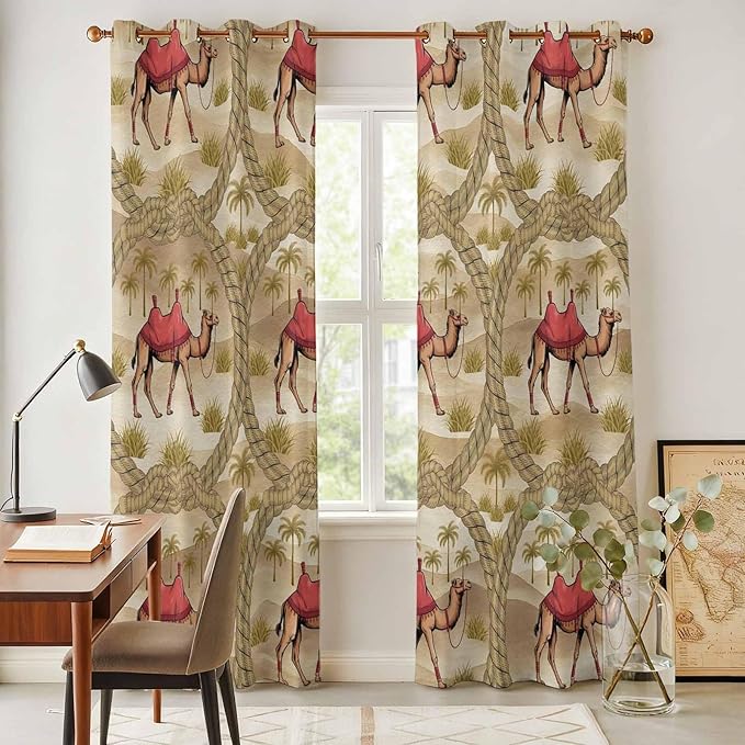 2 Panel Kitchen Cafe Curtains, Desert Camels Sunlight Filtering Nature Air Through, Home Decor Window Covering Tier Curtains for Living Room 104W x 90L inch Tropical Palm Trees Sand Cords Brown
