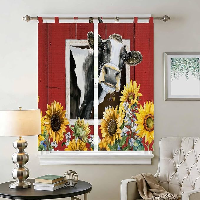 Cows Sunflowers Bathroom Curtains 63 Inch Length, Window Curtains Tab Top, Spring Botanical Floral Bees Red Barn Light Filtering Window Treatments Drapes 52"x63" 2 Panel
