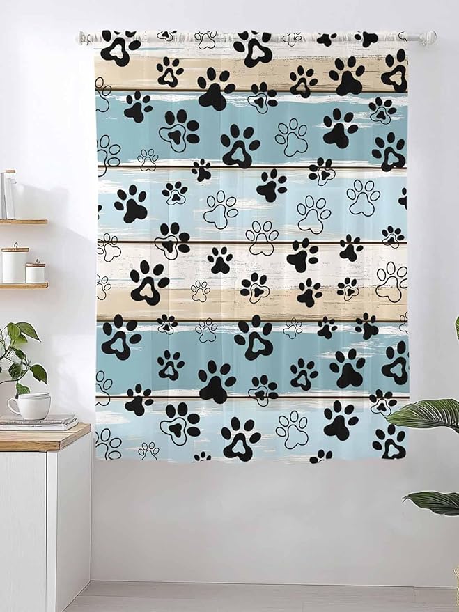 Sheer Curtains 63 Inch Length, Blue Beige Paw Print Semi Sheer Curtains Light Filtering Window Treatment, Vintage Farmhouse Country Wood Grain Privacy Voile Drapes for Living Room Bedroom 52x63 Inch