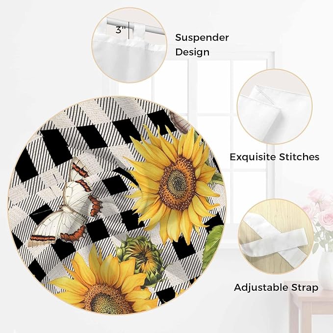 Sunflowers Kitchen Curtains 45 Inch Length, Short Cafe Window Curtains Tab Top, Yellow Flowers Butterfly Farmhouse Black Plaid Light Filtering Window Treatments Tier Drapes 27.5"x45" 2 Panel