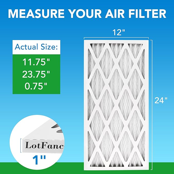 LotFancy 12x24x1 Air Filter MERV 8 6-Pack, Electrostatic Pleated Furnace & AC Filter, Captures Dust, Pet Hair, Pollen, Actual Size: 11.75"x23.75"x0.75"