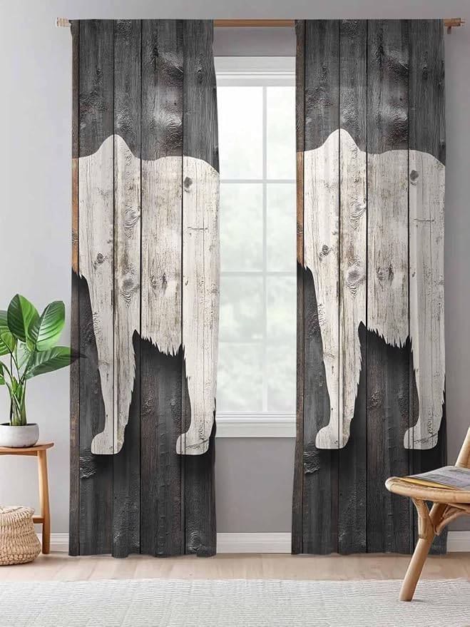 Sheer Curtains 96 Inches Long, Vintage White Brown Bear Semi Sheer Curtains Light Filtering Window Treatment, Retro Country Rustic Wood Grain Privacy Voile Drapes for Living Room Bedroom 52x96 Inch