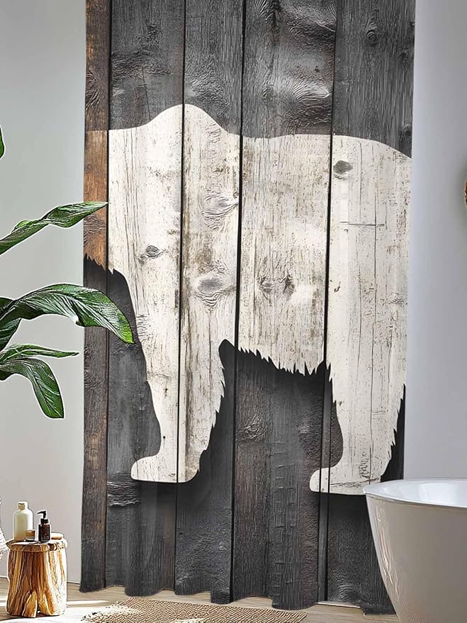 Sheer Curtains 108 Inches Long, Vintage White Brown Bear Semi Sheer Curtains Light Filtering Window Treatment, Retro Country Rustic Wood Grain Privacy Voile Drapes for Living Room Bedroom 52x108 Inch