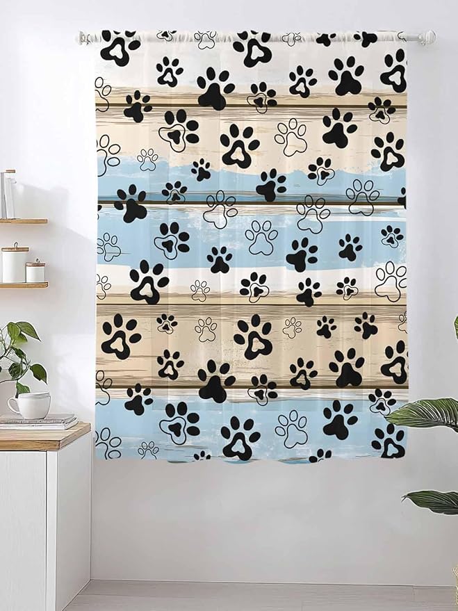 Sheer Curtains 63 Inch Length, Blue Dog Paw Print Semi Sheer Curtains Light Filtering Window Treatment, Vintage Farmhouse Rustic Wooden Grain Privacy Voile Drapes for Living Room Bedroom 52x63 Inch
